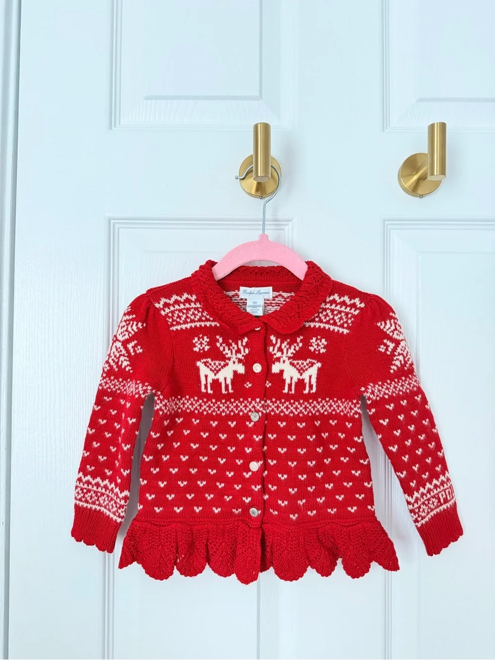 Ralph Lauren Red and White Reindeer Fair Isle Cardigan